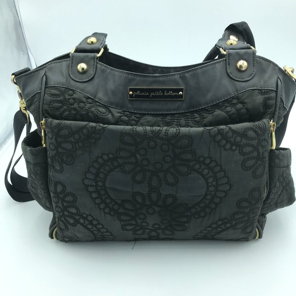 Petunia Pickle Bottom Black Quilted Floral-Embossed Diaper Bag
